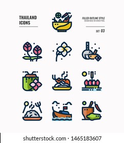 Thailand icon set 3. Include food, flower, festival, landmark and more. Filled Outline icons Design. vector