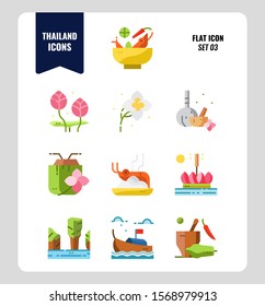 Thailand icon set 3. Include food, flower, festival, landmark and more. Flat icons Design. vector