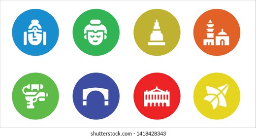 thailand icon set. 8 filled thailand icons.  Collection Of - Buddha, Water gun, Stari most, Temple, Palais garnier, Qutb minar, Thai kite