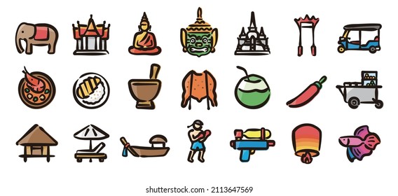 Thailand icon set for graphic (Hand draw color version)