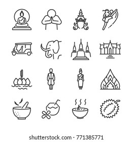 Thailand icon set. Included the icons as Thai greeting, temple, boxing, pagoda, Buddha statue, tom yum kung and more.