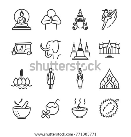 Thailand icon set. Included the icons as Thai greeting, temple, boxing, pagoda, Buddha statue, tom yum kung and more.