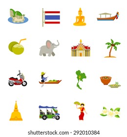 Thailand icons set with elephants coconuts beaches and boats flat isolated vector illustration 