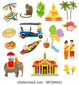 Thailand icons set with elephants coconuts beaches and boats cartoon isolated vector illustration 