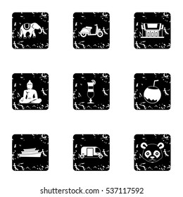 Thailand icons set. Grunge illustration of 9 Thailand vector icons for web
