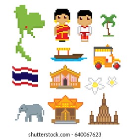 Thailand icons set. Pixel art. Old school computer graphic style. Games elements.