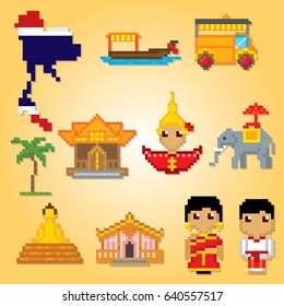 Thailand icons set. Pixel art. Old school computer graphic style. Games elements.