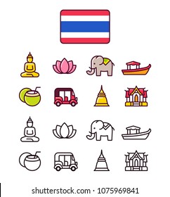 Thailand icons set. Traditional Thai national symbols. 2 styles, colored cartoon line icons and black outlines.