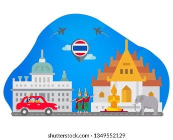 Thailand Illustration of vector flat design postcard with famous world landmarks icons, traditional clothes