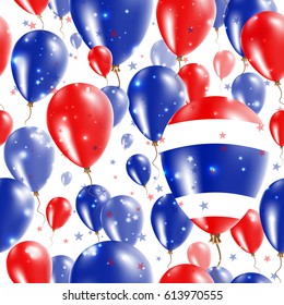 Thailand Independence Day Seamless Pattern. Flying Rubber Balloons in Colors of the Thai Flag. Happy Thailand Day Patriotic Card with Balloons, Stars and Sparkles.