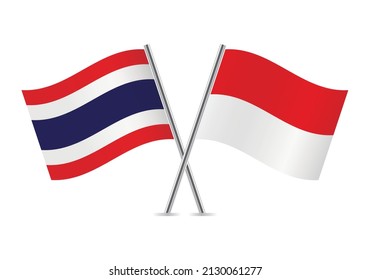 Thailand and Indonesia crossed flags. Thai and Indonesian flags, isolated on white background. Vector icon set. Vector illustration.