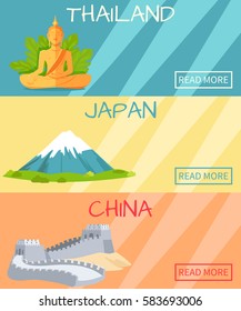 Thailand Japan China web banner with traditional elements, statue of Buddha on blue background, high mountains on yellow and Great wall of China on orange. Vector poster of eastern countries landmarks