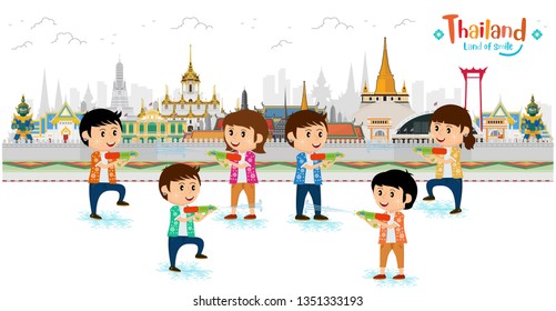 Thailand kids traditional costume colorful shirt and celebrating in Songkran festival