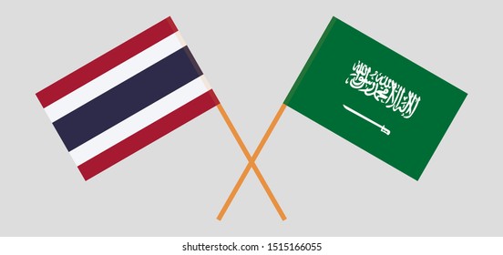 Thailand and the Kingdom of Saudi Arabia. Crossed Thai and KSA flags. Official colors. Correct proportion. Vector illustration
