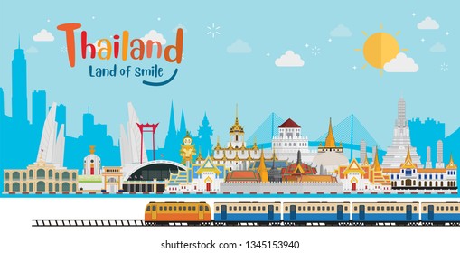 Thailand land of smile. Bangkok in Thailand and Landmarks and travel place,temple,train vintage. flat design