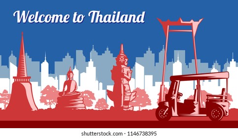 Thailand landmark flag color light and shadow or monochrome style,vector illustration