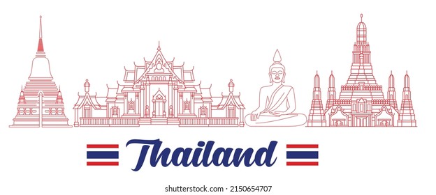 Thailand Landmark Skyline, Travel Attraction, Traditional Culture vector Art illustration.