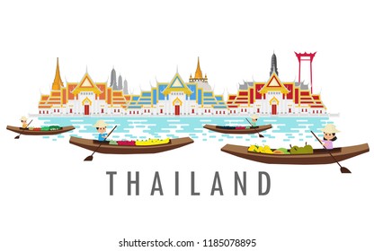 Thailand Landmark. travel concept. people selling fruit and vegetable on boat in floating market