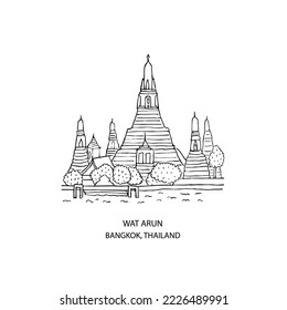 Thailand landmark. Wat Arun in outline style. Black and white illustration, freehand drawing on white background.