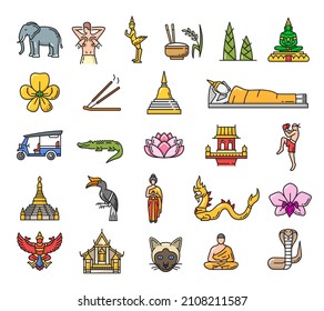 Thailand landmarks, culture and religion line icons. Thai architecture, religion and nature symbols outline vector icons with animals, flowers and food, Buddha statues, dragon and temple, thai boxing