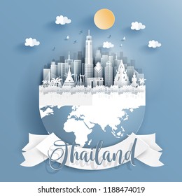 Thailand landmarks on earth in paper cut style vector illustration.