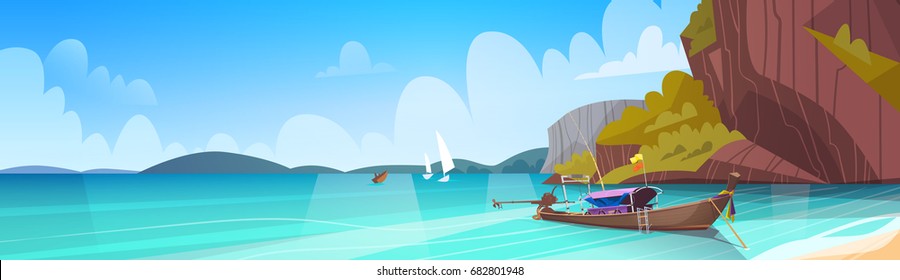 Thailand Landscape Long Tail Boat Seascape Beautiful Asian Beach Seaside View Flat Vector Illustration