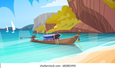 Thailand Landscape Long Tail Boat Seascape Beautiful Asian Beach Seaside View Flat Vector Illustration