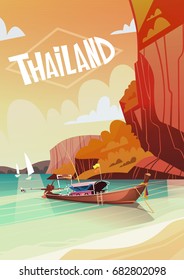 Thailand Landscape Long Tail Boat Seascape Beautiful Asian Beach Seaside View Flat Vector Illustration