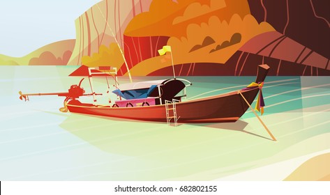 Thailand Landscape Long Tail Boat Seascape Beautiful Asian Beach Seaside View Flat Vector Illustration