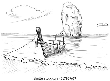 Thailand Landscape, Rock, Long Tail Boat Seascape Hand Drawn Vector Illustration