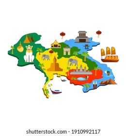 Thailand Laos Vietnam Cambodia map illustration.Places to visit with symbols.