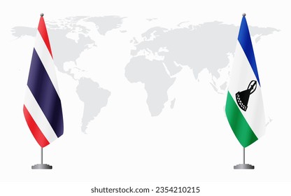 Thailand and Lesotho flags for official meeting against background of world map.