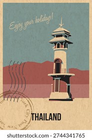 Thailand Lighthouse Attraction Postcard, Koh Chang Beacon Popular Place Illustration, Vector Template Retro Style Greeting Card. Vintage Colors, Aged Paper Texture
