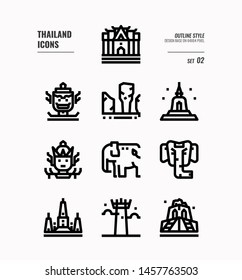 Thailand line icon set 2. Include landmark, sculpture, temple, pagoda, elephant and more. Outline icons Design. vector