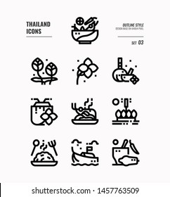 Thailand line icon set 3. Include food, flower, festival, landmark and more. Outline icons Design. vector