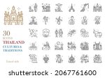 Thailand line icon set vector illustration in cultures,traditions,arts and charming lifestyle concept.Included Loi Krathong festival,monk ordination,buddhist day,Songkran festival,massage.