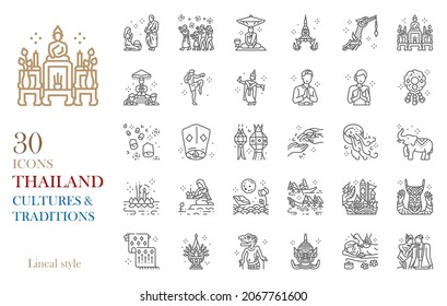 Thailand line icon set vector illustration in cultures,traditions,arts and charming lifestyle concept.Included Loi Krathong festival,monk ordination,buddhist day,Songkran festival,massage. svg