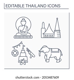 Thailändische Line-Symbole gesetzt. Buddha-Statue, Bangkok, Songkran, Elefant. Traditionelle Kulturgüter. Länderkonzept. Einzige Vektorgrafiken. Bearbeitbarer Hub