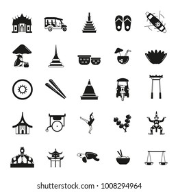 Iconos de línea de Tailandia aislados en fondo blanco. Ilustración vectorial con la arquitectura tailandesa, la comida y la cultura elementos web iconos en estilo negro simple de silueta.