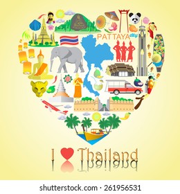 Thailand love. Set vector icons and symbols in form of heart