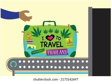 Thailand Love To Travel Concept. A Baggage With Many Stickers On A Xray Inspection Area Conveyor Built. Editable Clipart