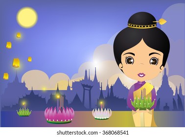 Thailand Loy Krathong Festival background, Cartoon Thailand women