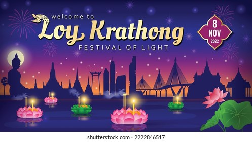 Festival Thailand Loy Krathong, cestas flotantes con silueta de perfil de la ciudad de Bangkok.