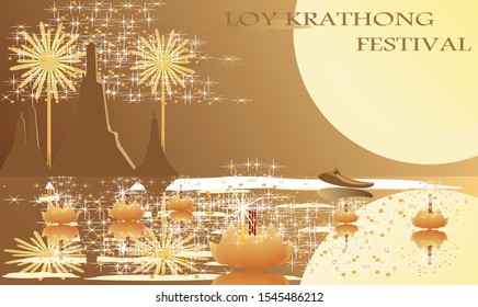 Thailand Loy Krathong Festival in full moon at night With firework light and boat on water wave, Krathong golden Vector design and wat arun temple background