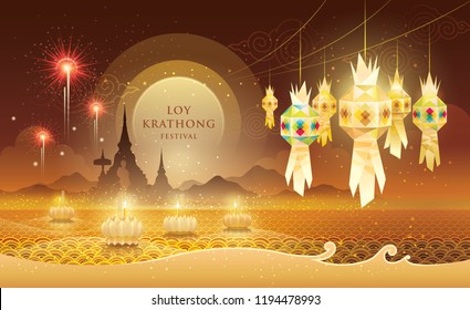 Thailand Loy Krathong Festival, North Thai traditional, Thai Water Splash and Hanging paper Lantern in sky with Landmark in Thailand, Gold Krathong Vector Illustration, Welcome to Thailand,