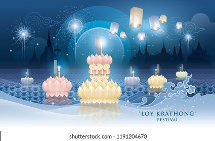 Thailand Loy Krathong Festival, Thai traditional, Thai Water Splash and Lantern with Landmark in Thailand, Krathong Blue Vector
