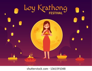 Thailand Loy Krathong Festival and Yee Peng Festival. Cartoon woman in dress on a background of the full moon puts candles on floral floats in the river, flying sky lanterns. Vector illustration.