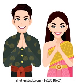Thailand male and female in traditional costume, Thai people greeting "Sawasdee" and thai flag on white background cartoon character vector