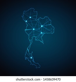 Thailand Map - Abstract geometric mesh polygonal network line, structure and point scales on dark background with lights in the form of cities. Vector illustration eps 10.
