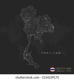 Thailand map abstract geometric mesh polygonal light concept with black and white glowing contour lines countries and dots on dark background. Vector illustration
